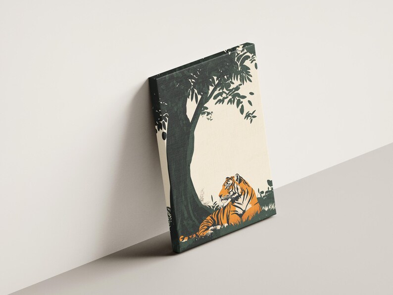 Stampa su legno con tigre sotto un albero di banyan, poster artistico con animali, decorazione murale con natura, stampa artistica con tigre del Bengala, ispirazione vintage, arte della giungla, fauna selvatica immagine 3