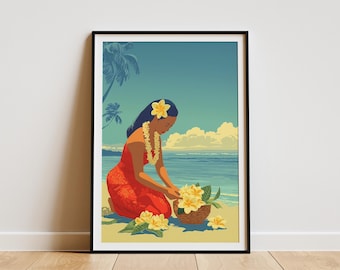 May include: Framed art print of a woman on a beach, wearing a red dress and flower lei, arranging yellow flowers. The background features a blue sky, ocean, and palm trees. A woven basket holds more flowers.