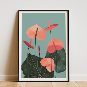 Anthurium Flower Print Boho Minimalist Art Print Botanical Wall Art Pink Floral Poster Home Decor