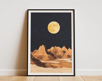 Poster des Badlands-Nationalparks, South Dakota, Kunstdruck einer mondbeschienenen Landschaft, Wanddekoration, Wüstenszene, Geschenkidee, Reisesouvenir, Sterne