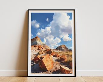 Petrified Forest National Park Landscape Print Desert Scenery Colorful Rock Formations and Blue Sky with Clouds