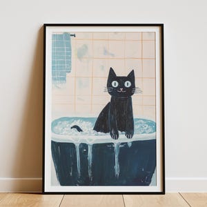 Impresión artística de gato azul ruso para bañera, decoración de pared para baño, póster divertido de gato, ilustración de animal lindo, decoración peculiar para el hogar, regalo para amantes de los gatos