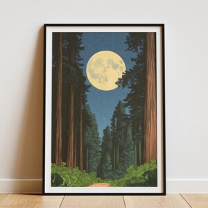 Redwood National Park Poster Moonlit Night Print Vintage Style Redwood Forest Art Print California Travel Poster Nature Lover Gift Wall Art