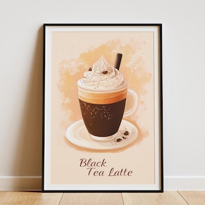 Cartaz de bebida com chá preto e café com chantilly, bebida de café, impressão Flatlay, arte de parede, decoração de cafeteria, ilustração de bebida, download instantâneo