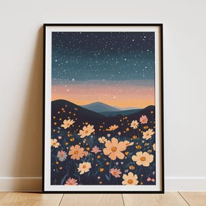 Kosmos Blumen Feld bei Nacht Sternenhimmel Natur PosterLandschaft Wand DekorBoho DekorPeach Pink Blumen