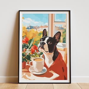 Boston Terrier Dog Art Print Cozy Cafe Poster Boston Art Coffee Lover Gift Dog Owner Present Pet Portrait Wall Decor Home Decor Cafe Art