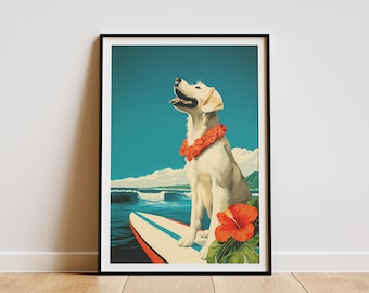 May include: A framed art print featuring a white dog wearing a red lei, sitting on a surfboard in the ocean. A large red hibiscus flower and green leaves are in the foreground. The background shows waves, blue sky, and clouds.