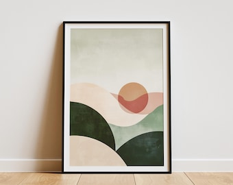 Abstract Landscape Art Print Minimalist Boho Wall Decor Green and Pink Nature Art Poster Modern Geometric Wall Art