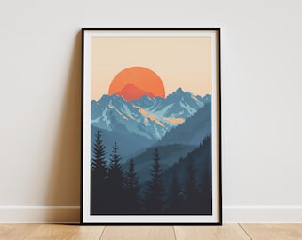 Berg zonsondergang poster minimalistische kunstafdruk Blue Mountains landschap natuur kunst muurdecoratie