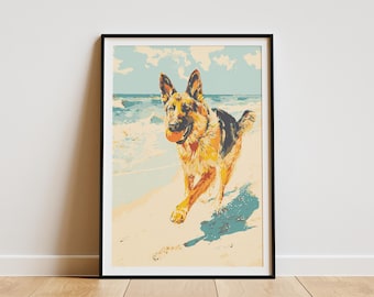 May include: Framed art print of a German Shepherd dog running on a beach, holding an orange ball. The artwork features a retro color palette with a blue sky, ocean, and sandy beach. The dog's fur is a mix of black, brown, and tan.