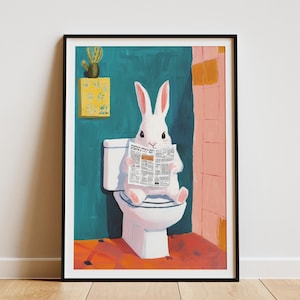 Divertido conejo leyendo periódico en el inodoro, impresión artística para pared de baño, póster de animales caprichosos, decoración de conejito lindo, decoración moderna para el hogar, humor sobre el inodoro