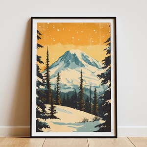 Mount Rainier National Park Vintage Poster Winter Mountain Landscape Art Print Pacific Northwest Nature Scene Festive Travel Poster Snow