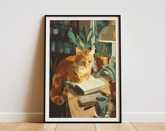 Gezellige oranje Cyperse kat leesboek Art Print grillige katachtige studie nachtscène poster warm thuis bibliotheek decor voor huisdierliefhebbers uniek cadeau
