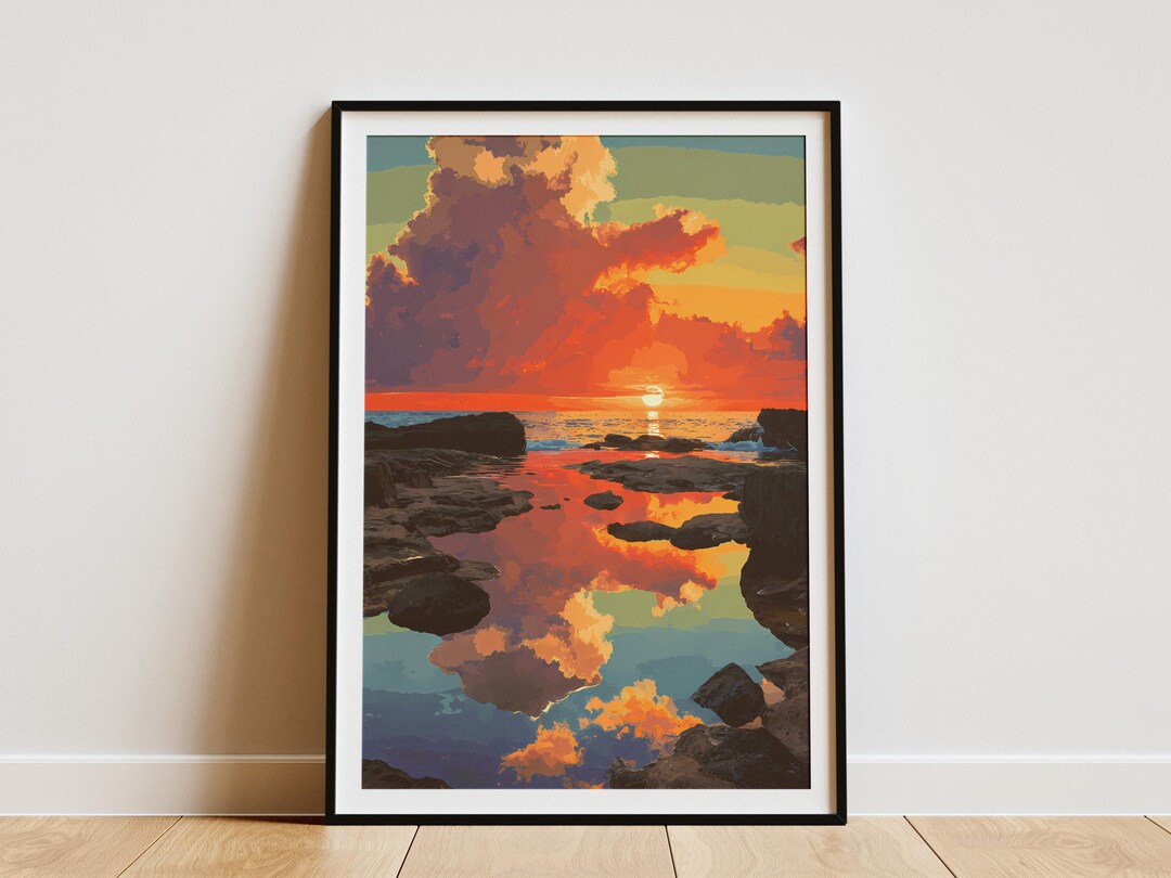 Sunset Reflection Tide Pool Art Print Hawaiian Travel Poster Coastal ...