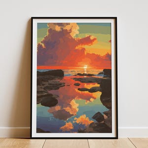 Pode incluir: Impressão artística emoldurada retratando um pôr do sol sobre o oceano. O céu é preenchido com nuvens laranja e vermelhas, refletindo na água. A cena inclui rochas escuras e um sol brilhante, criando uma paisagem vibrante e colorida.