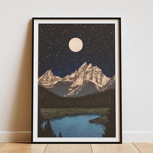Grand Teton National Park Poster Wyoming Moonlit Scene Reisedruck Wyoming Kunstdruck Wohnkultur Geschenk Idee Teton Mountains Print Landschaft