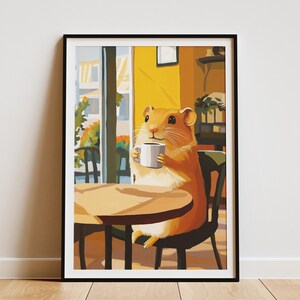 Impresión artística de cafetería de hámster, póster acogedor de café de hámster, regalo para amantes de los animales, lindo hámster, arte de pared, decoración del hogar, arte de cafetería, póster de cafetería