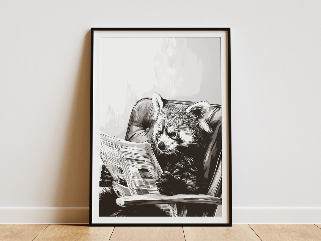 Red Panda Reading Newspaper Art Print Black and White Monochromatic ...