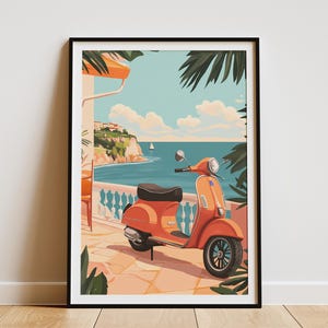 Retro Vespa Scooter Seaside Cafe Coastal Italian Summer Vacation Travel Poster Print Art Mediterranean Orange