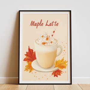 Herbst Ahorn Latte Kaffee Getränk Poster Herbst Café Dekor Gemütliches Cafe Wand Kunst Schlagsahne Latte Print Getränke Illustration Niedlich