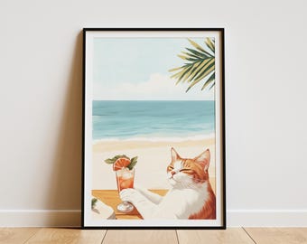 Summer Beach Cat Poster Orange Tabby Cat Art Print Cute Kitty Cocktail Print Coastal Wall Decor Orange and White Cat Beach Vibes Summer