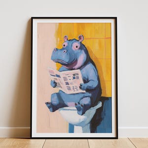 Hipopótamo en el inodoro leyendo periódico Pintura Arte de animales azules Impresión Decoración de baño Póster de animales divertidos Impresión moderna de hipopótamo lindo