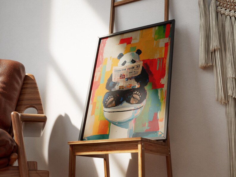 Panda on Toilet Reading Newspaper Painting Bathroom Art Print Funny ...