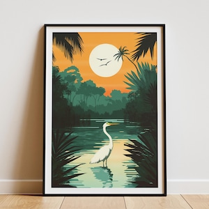 Pôster do Parque Nacional Everglades, impressão da natureza da Flórida, pôster de viagem retrô, pôster vintage de arte da vida selvagem, pôster de pássaro, garça-branca-grande, paisagem tropical