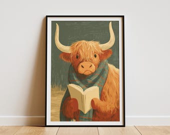 Whimsical Highland Cow Reading Book Art Print Cozy Farm Animal Wall Decor Unique Scottish Calf Literary Poster for Nursery or Library