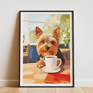 Impresión artística de cachorro Yorkshire Terrier tomando café, regalo para amantes de los perros, póster de animales lindos, taza de café Yorkie, arte de pared, decoración de cocina, arte moderno