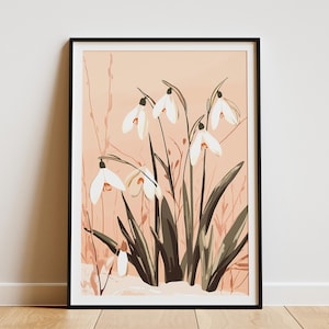 Snowdrop Flower Art Print Botanical Illustration Spring Flowers Poster Minimalist Home Decor Peach Floral Wall Art Print