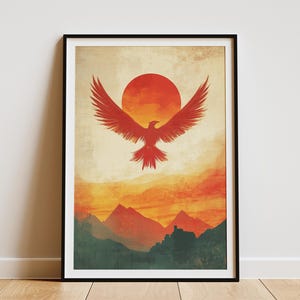 Póster vintage del amanecer de Phoenix, impresión de paisaje del suroeste, arte de pared, impresión de arte de aves retro, escena de montaña del desierto, póster artístico de papel en tonos cálidos