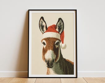 Cute Christmas Donkey Art Print Holiday Farm Animal Wall Decor Festive Winter Decoration Vintage Style Fine Art Illustration