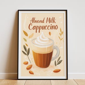 Leite de amêndoa Cappuccino Café Bebida Cartaz impressão Arte de parede Decoração de cozinha Latte Café Café Menu Bebida Comida Ilustração