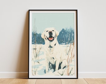 May include: Framed art print of a smiling yellow Labrador Retriever sitting in the snow. The dog is surrounded by tall grass and a snowy landscape with blue and green trees in the background. The artwork is in a rectangular black frame.