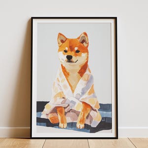 Póster de cachorro Shiba Inu en bata de baño, impresión artística de perro, arte animal en acuarela, decoración de pared de cachorro lindo, arte de baño, regalo para amantes de los Shiba Inu