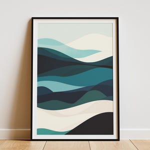 Abstract Ocean Wave Poster Minimalist Wall Art Blue Teal Green Modern Print