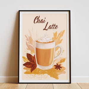 Cartaz de Chai Latte, arte de parede, bebida, café, chá, bebida, decoração de cozinha, aconchegante, outono, outono, inverno, bebida quente, vibrações aconchegantes, decoração de cafeteria