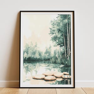 Impresión artística de paisaje de estanque de primavera, póster de naturaleza, escena de agua tranquila, póster de lago sereno, arte de pared de naturaleza pacífica, ilustración botánica verde