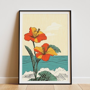 Tropical Hibiscus Flowers Ocean Wave Poster Print Summer Beach Art Wall Decor Botanical Floral Illustration