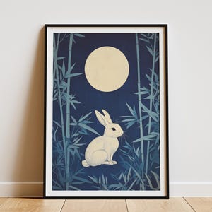 Kaninchen Vollmond Druck Japanische Kunst Lunar Hase Poster Bambus Wand Kunst Himmlische Tier Illustration Moderne Wohnkultur Kaninchen Liebhaber Geschenk