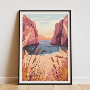 Póster con impresión de paisaje de playa, verano, puesta de sol, vista al mar, costa, calma, hierba marina, arte de pared, decoración del hogar, decoración de la habitación