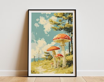 Vibrant Forest Mushroom Art Print Woodland Fungi Poster Nature Lover Wall Decor Botanical Illustration for Home Office or Rustic Cabin