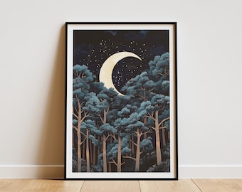 Pine Forest Crescent Moon Poster Forest Art Print Nature Wall Art Home Decor Celestial Art Night Sky Tree Print Landscape Art Gift