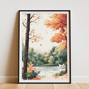 Herbst Landschaft Poster Herbst Blätter Druck Wald See Kunst Natur Wand Dekor Moderne minimalistische botanische Illustration gemütliches Wohndekor Herbst