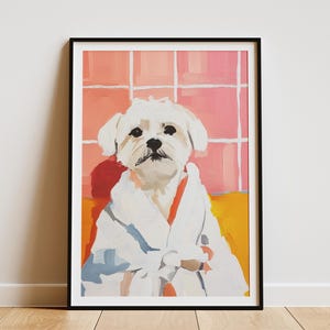 Impresión artística de baño con bata de baño de perro maltés, arte de pared estilo Matisse, póster de perro lindo, regalo para amantes de las mascotas, decoración de baño, arte de retrato de perro, hogar elegante