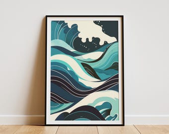 Abstract Ocean Waves Poster Minimalist Wall Art Modern Blue Green Print