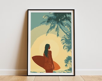 Póster de chica surfista hawaiana en medio de la ola, arte mural tropical, decoración de playa, arte de surf, póster de surf, arte oceánico, arte hawaiano, arte vacacional hawaiano