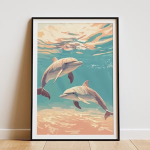 Ocean Dolphins PosterSwimming Dolphins Wall ArtUnderwater Animal PrintBeach DecorCoastal ArtSummer VibesMarine LifeCute DolphinsPastel