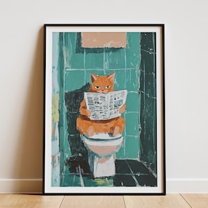 Póster de periódico con diseño de gato Munchkin, divertido arte para el baño, impresión peculiar de gato, regalo humorístico para amantes de los gatos, arte de pared con gato leyendo, decoración novedosa para el baño.